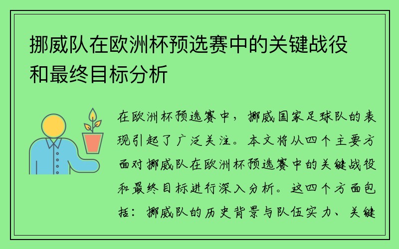 挪威队在欧洲杯预选赛中的关键战役和最终目标分析